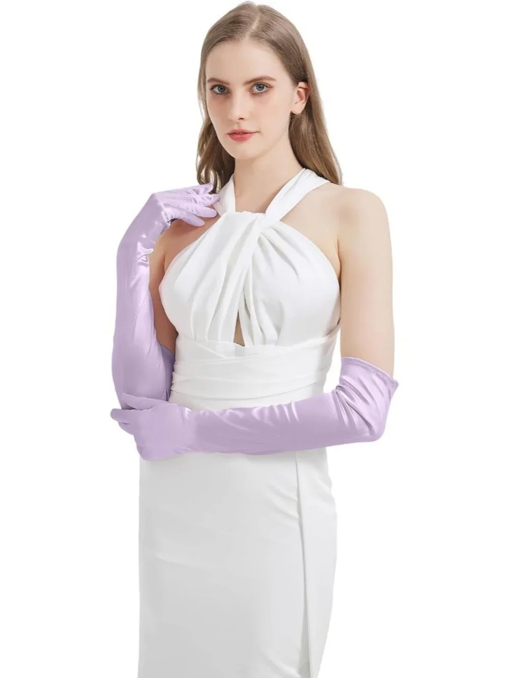 Women's Light Purple Satin Opera Elbow Length 1920s Flapper Long Gloves Party